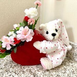 New PlushTeddy Bear with Heart Pajamas and Silk Flower Arrangement in Heart Vase